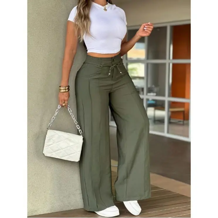 Pantalones de mujer de pierna ancha, cintura alta elástica, corte recto, para todas las estaciones, holgados, ideales para oficina y citas